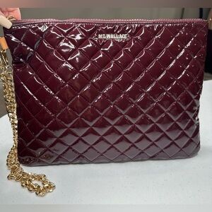 MZ WALLACE Quilted Burgundy Metro Large Nylon Pouch with Gold Chain